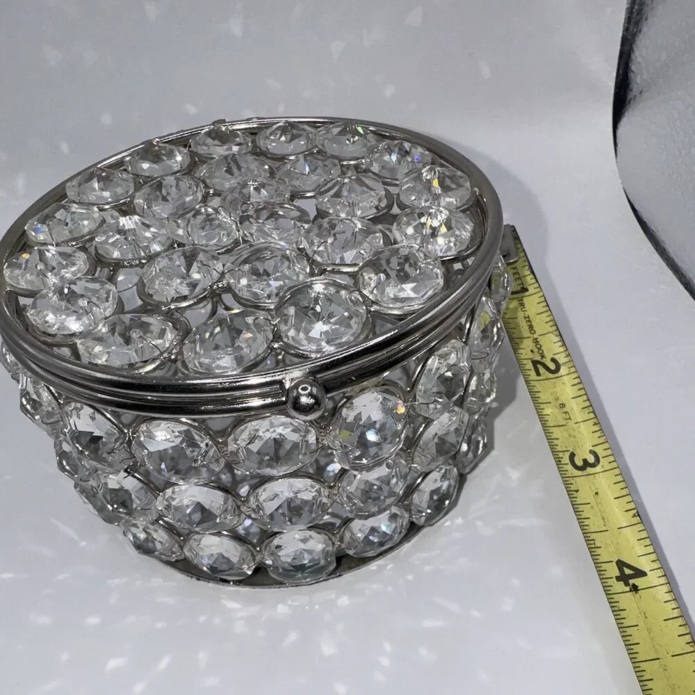 Glass crystal like Jewelry/Trinket  Box, Silver Metal, mirrored inside, lid.